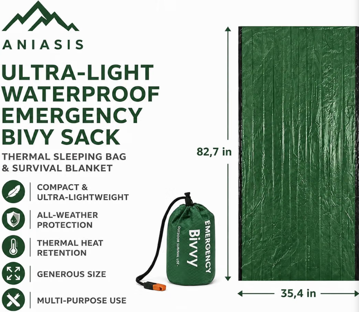 Ultra-light Waterproof Bivy Sack Emergency Sleeping Bag – Thermal Blanket, Envelope Style, Multi-Purpose Survival Gear for Camping, Hiking, and Outdoor Emergency Preparedness