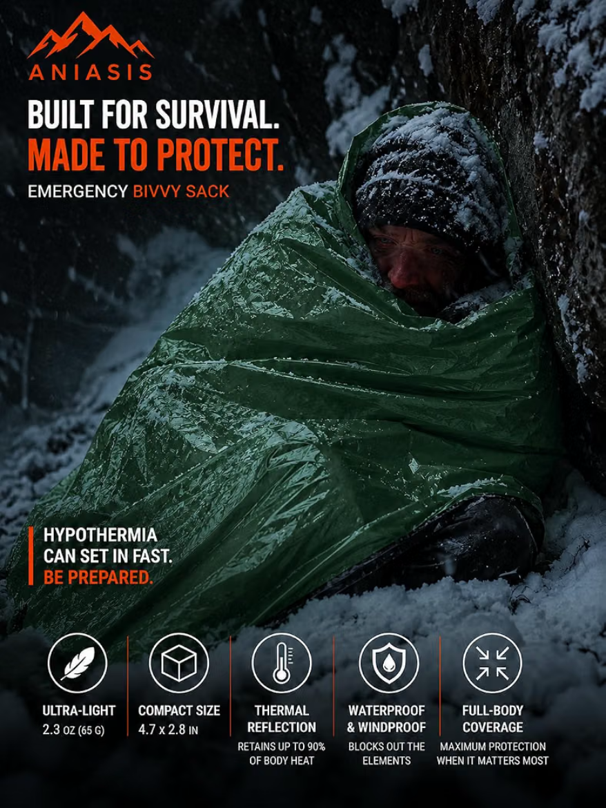 Ultra-light Waterproof Bivy Sack Emergency Sleeping Bag – Thermal Blanket, Envelope Style, Multi-Purpose Survival Gear for Camping, Hiking, and Outdoor Emergency Preparedness