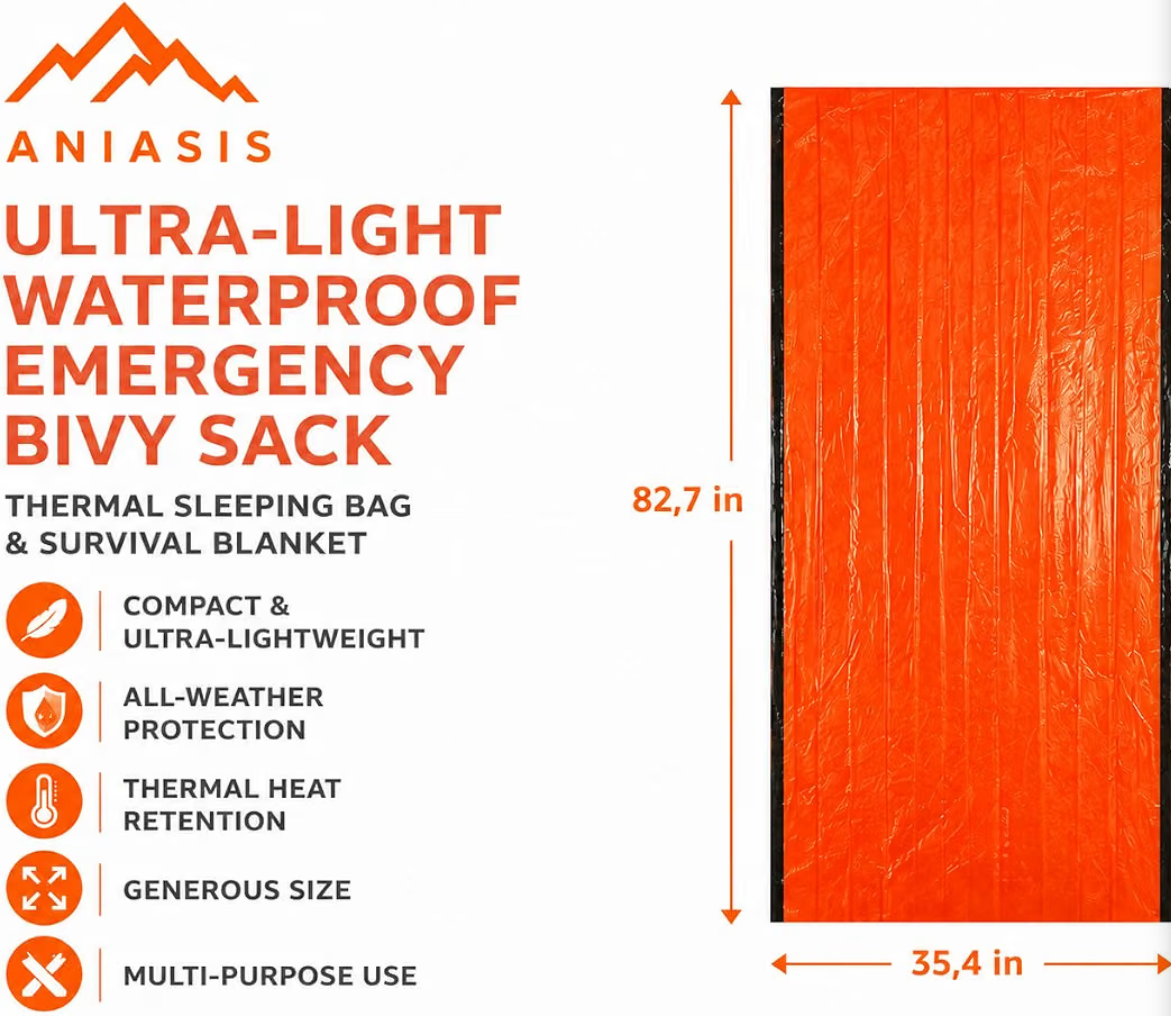 Ultra-light Waterproof Bivy Sack Emergency Sleeping Bag – Thermal Blanket, Envelope Style, Multi-Purpose Survival Gear for Camping, Hiking, and Outdoor Emergency Preparedness