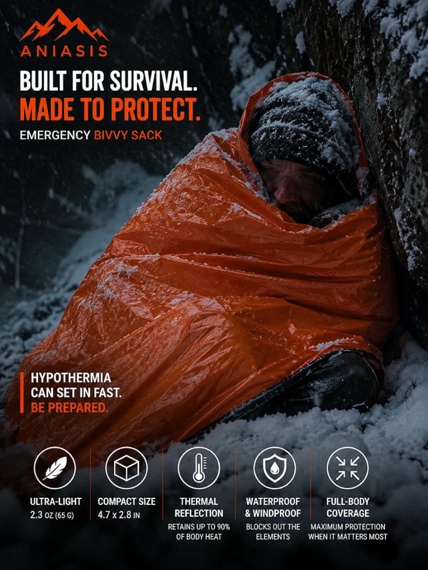 Ultra-light Waterproof Bivy Sack Emergency Sleeping Bag – Thermal Blanket, Envelope Style, Multi-Purpose Survival Gear for Camping, Hiking, and Outdoor Emergency Preparedness