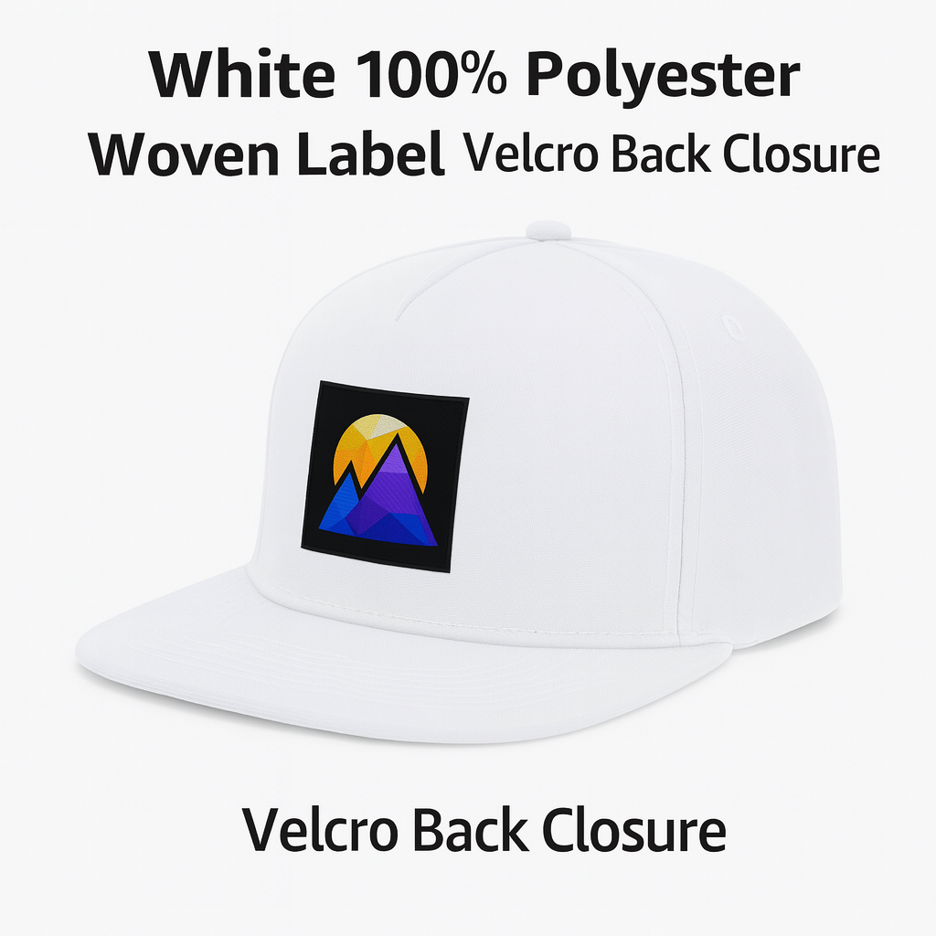 White Polyester Snapback Hat with Woven Label Logo & Magnetic Back Strap