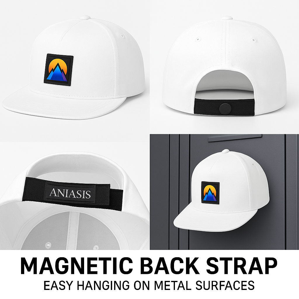 White Polyester Snapback Hat with Woven Label Logo & Magnetic Back Strap