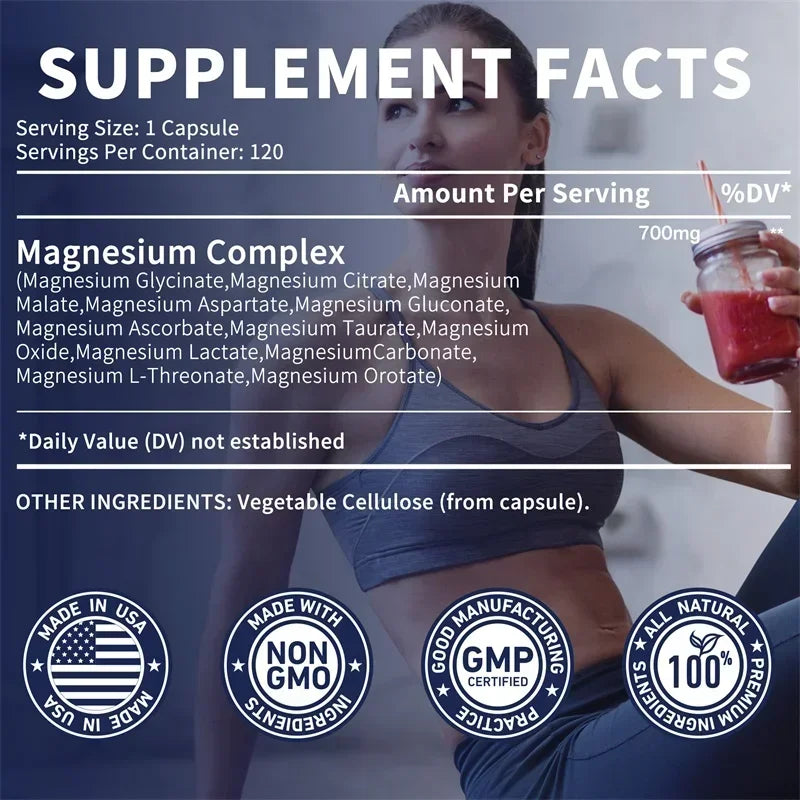 Magnesium Complex Capsules - Supports Bone, Digestive and Sleep Health, Relieves Leg Cramps, Soothes Nerves and Boosts Energy